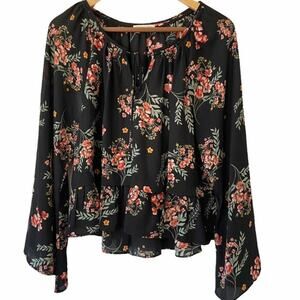 Copper Key Women's Black Floral Peplum Blouse Long Sleeve Tie Neck Flowy Top - M